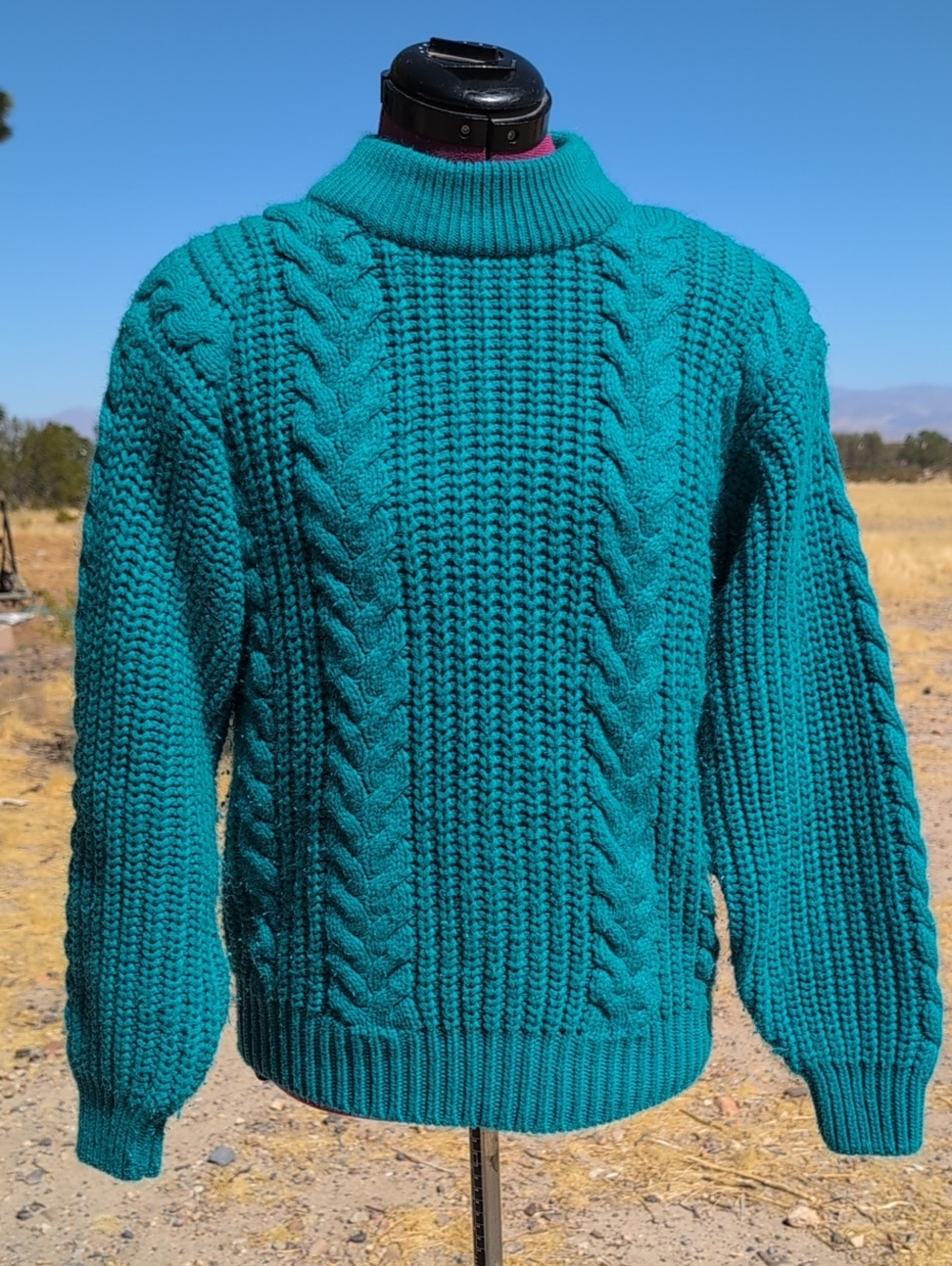 Vintage 80's 90's Chunky Teal Cable Knit Sweater - Classic Turtle Neck Sz S